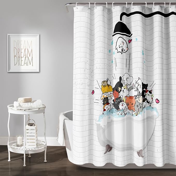 AILONEN Cute Cats Shower Curtain for Kids 72" W*84" H Inch,Kawaii Hilarious Funny Cat Pet Playing Water Shower Curtain,12 Pack Hooks Polyester Waterproof Fabric Decor for Bathroom Bathtub Panels