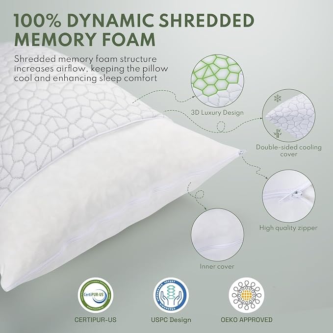 Cooling Shredded Memory Foam Pillow for Sleeping - Standard Size 2 Pack, Adjustable Bed Pillows Set of 2 for Side, Back, and Stomach Sleepers, Washable Breathable Cold Cover - CertiPUR-US