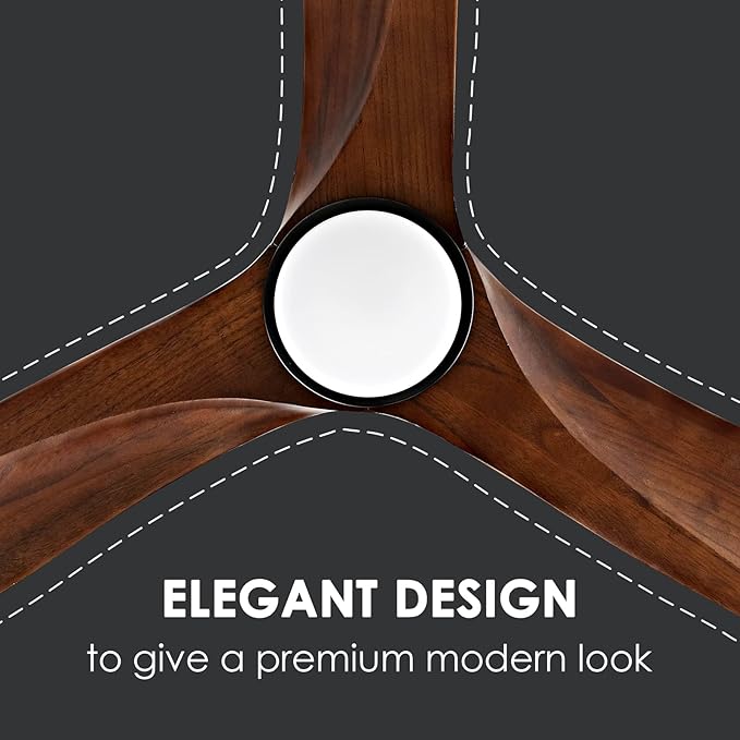WINGBO 60 Inch DC Ceiling Fan with Lights and Remote Control, 3 Reversible Carved Wood Blades, 6-Speed Noiseless DC Motor, Modern Ceiling Fan in Matte Black Finish with Walnut Blades
