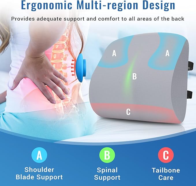 Lumbar Support Pillow for Office Chair Car Seat Cushion for Lower Back Sciatica Pain Relief Firm Memory Foam Pillows Wedge Chairs Cushions with Dual Straps (Cooling Grey)