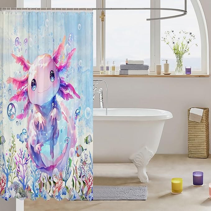 Feelyou Boys Girls Cute Axolotl Shower Curtain Ocean Sealife Bathroom Shower Curtain Set Kids Kawaii Bath Curtain Cartoon Salamander Teens Bathroom Accessories Room Decor 72"x84"
