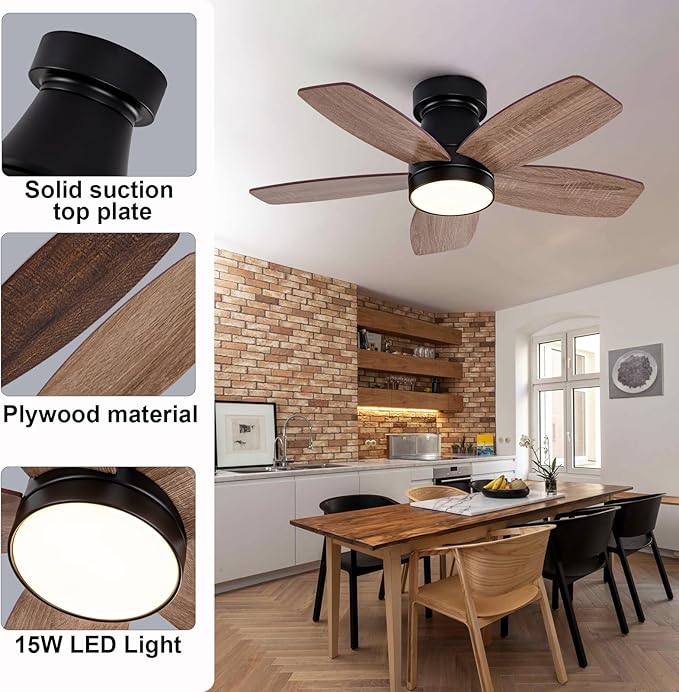 30 inch Ceiling Fans with Lights and Remote,Flush Mount Black Ceiling Fan,Memory Fuction Reversible Quiet DC Motor Low Profile Ceiling Fans For Living Room Bedroom Indoor Outdoor(Black Walnut)