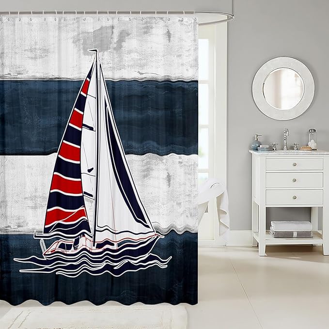 Feelyou Sailboat Bathroom Waterproof Accessories with 12 Hooks Nautical Decor Fabric Shower Curtain for Kids Boys Girls Sea Adventure Shower Curtain Ocean Themed Curtains,72x72 Inches