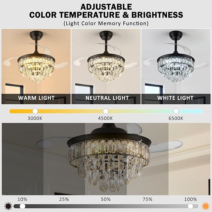 LEONTYNE 36" Modern Crystal Ceiling Fan with Lights and Remote Invisible Retractable LED Dimmable Chandelier Fan 3 Blades 6 Speeds Fandelier for Bedroom Living Room Dining Room (Black)