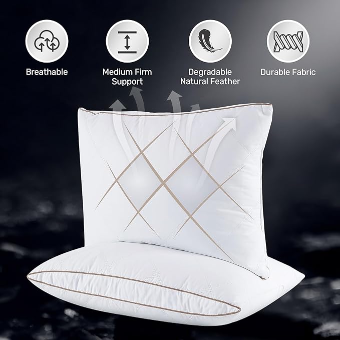 UNIKOME Goose Feather and Down Pillows,Oval Gusseted Feather Down Pillow for Sleeping, 100% Cotton Pillow Cover, Standard Size, Set of 2