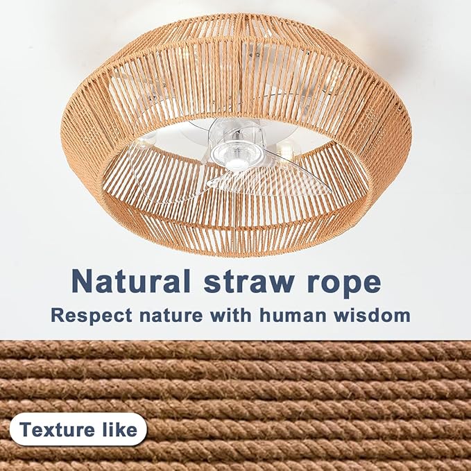 Small 20" Boho Reversible DC Ceiling Fan with Light Fixture and Remote Control, Enclosed Cage Flush Mount Caged Low Profile Fandelier for Nursery Office Dining Room Indoor Kitchen Bedroom