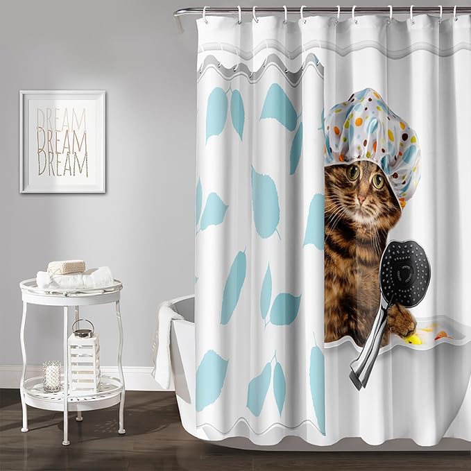AILONEN Funny Cat with Shower Cap Shower Curtain for Kids 60" W*72" H Inch,Cute Kitten Taking Shower Bathroom Curtain,12 Pack Hooks Polyester Waterproof Fabric Decor for Bathroom,Blue