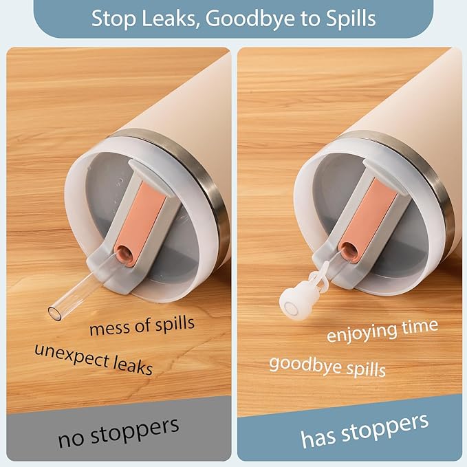 2 Set Spill Stoppers for Stanley Cup 20oz/30oz/40oz/64oz, Leak Proof Accessories for Stanley Tumbler with Straw Cap and Square Pad and Round Cover (White, 2)