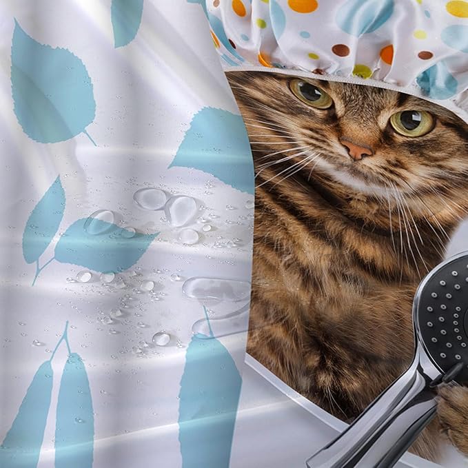 AILONEN Funny Cat with Shower Cap Shower Curtain for Kids 60" W*72" H Inch,Cute Kitten Taking Shower Bathroom Curtain,12 Pack Hooks Polyester Waterproof Fabric Decor for Bathroom,Blue