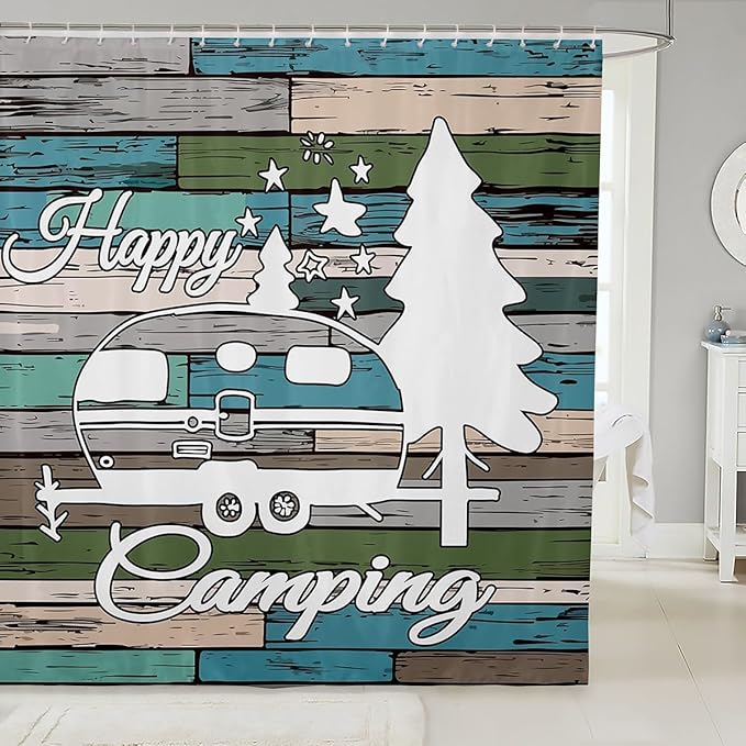 Feelyou Happy Camping Shower Curtain Camper Fabric Shower Curtain Kids Boys Girls Camping Print Decor Bathroom Waterproof Accessories with 12 Hooks Rustic Vintage Farmhouse Style Curtains,72x78 Inches