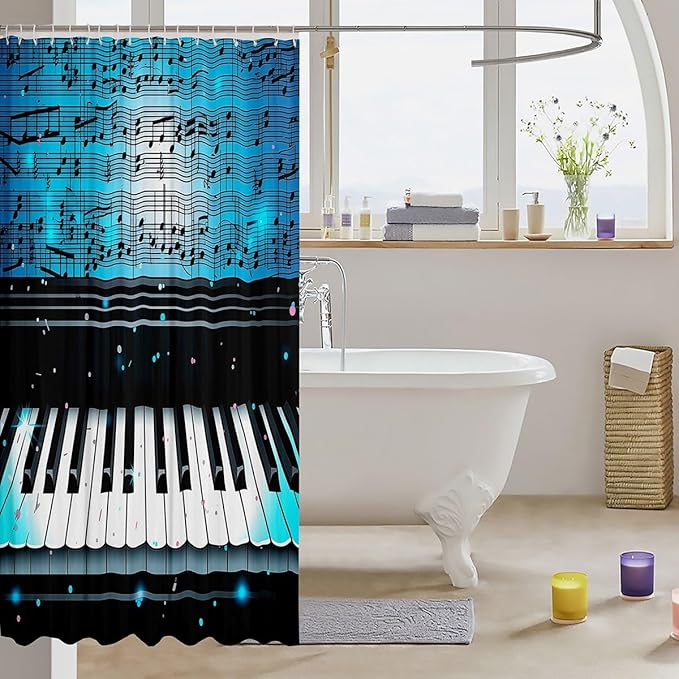 Feelyou Piano Shower Curtain Boys Girls Musical Fabric Shower Curtain for Kids Music Theme Bathroom Waterproof Accessories with 12 Hooks Blue Curtains,72x78 Inches