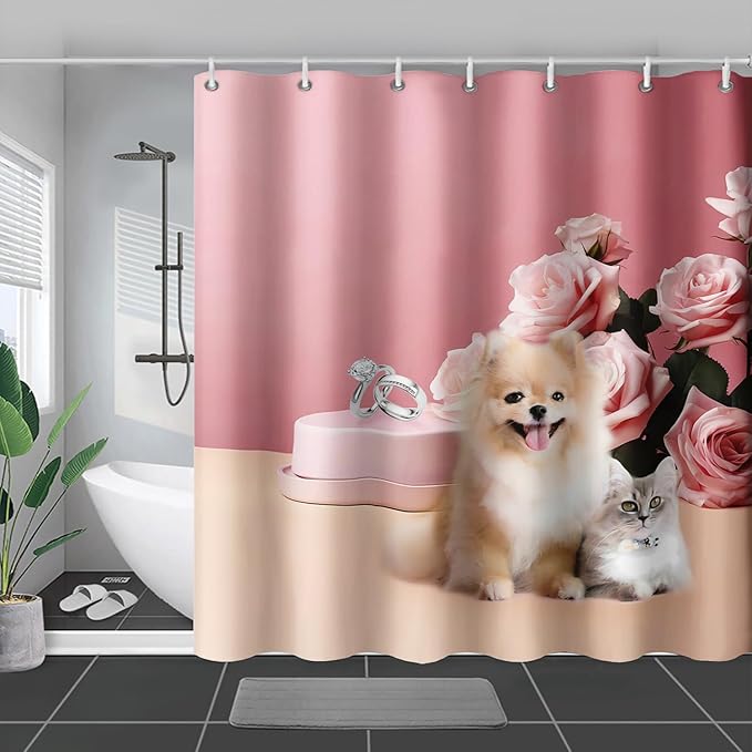 AILONEN Girls Pink Shower Curtain for Bathroom, Rose Flower and Cute Kawaii Dog Cat Pattern Bathroom Decor 72" W*84" H Bath Curtain Polyester Waterproof Shower Curtain with 12 Hooks