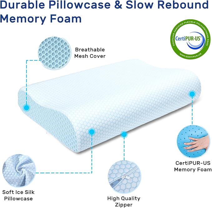 Memory Foam Pillows Cooling Pillow for Hot Sleepers Neck Pillow Bed Pillow for Sleeping Ergonomic Cervical Pillow Orthopedic Contour Pillow for Side Back-Blue White