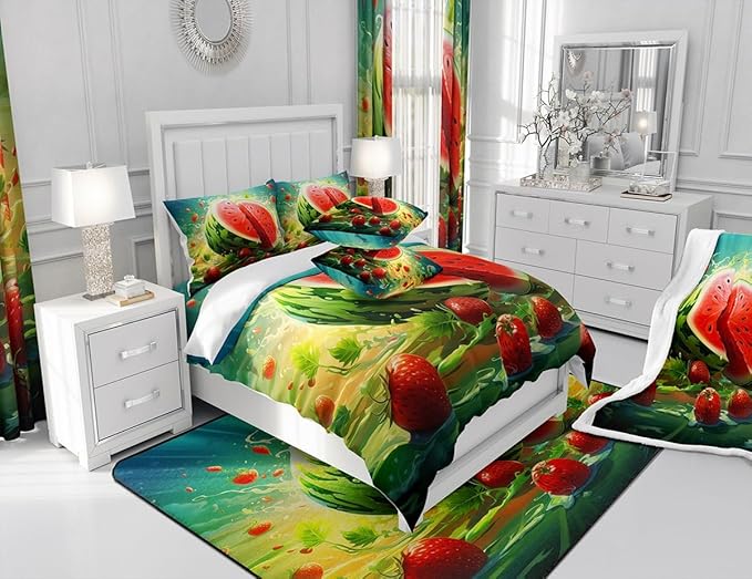 Feelyou Watermelon Shower Curtain Strawberry Fabric Shower Curtain for Kids Boys Girls Fruit Bathroom Waterproof Accessories with 12 Hooks Summer Curtains,72x84 Inches