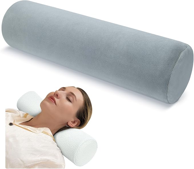 Cervical Neck Pillow with 2 Pillowcases Roll Memory Foam Support Round Pillows for Pain Relief Sleeping, Bed, Legs, Back and Yoga 17 x 4.5 Inches