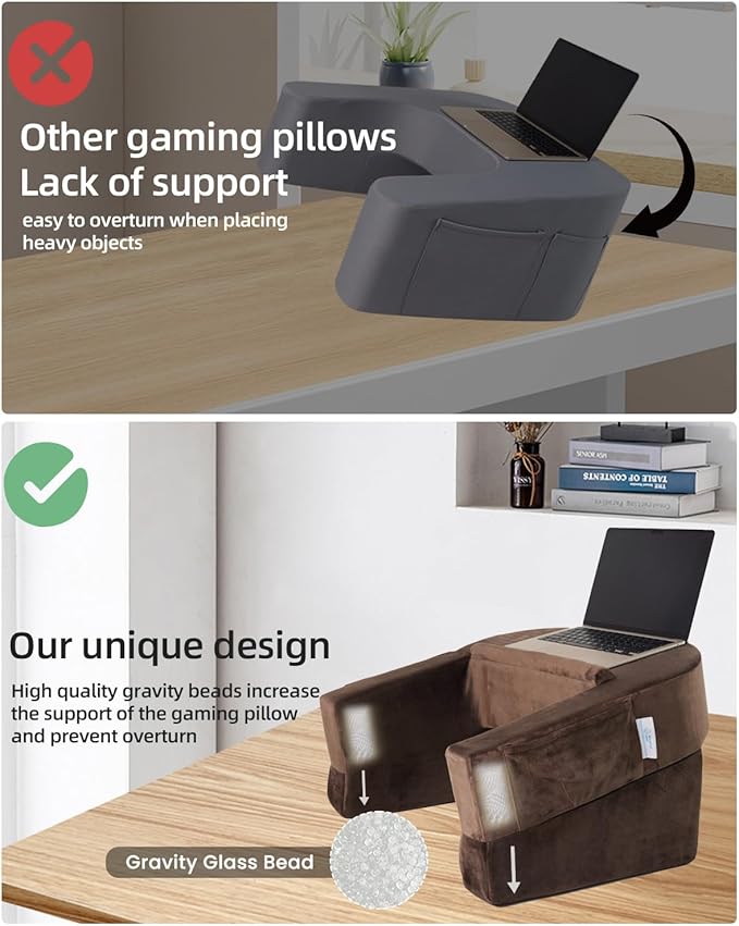 Weighted Idea Reading Pillow for Gaming, Extra Large Arm Rest Pillow for Adult，Lap Desk Pillow Gaming Pillow with 2 Side Pockets for Gaming, Reading, Working Sitting in Bed Floor Sofa (Brown)