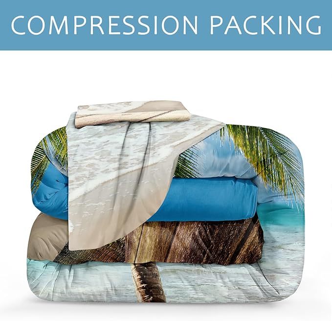 Bedbay Coastal Beach Comforter Set King Beach Themed Comforter Bedding Set Tropical Palm Tree Quilt Set 4 Pcs Beach Room Decor Sunny Beach Coastal Bedding Set King Duvet Set (Beach,King)
