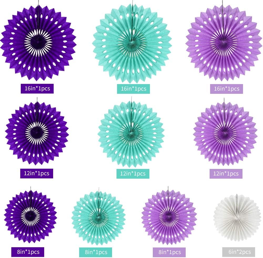 BEISHIDA Purple Lavender Blue Hanging Honeycomb Round Paper Fans Decoration Kit Tissue Paper Fan Garland for Baby Shower Girl Kid Birthday Under The Sea Wedding Party Supplies（11packs）
