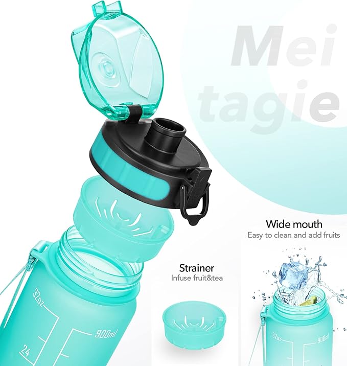 32oz Motivational Water Bottle with Time Marker & Fruit Strainer, Leak-proof BPA Free Non-Toxic Bottle with Carrying Strap, Perfect for Fitness, Gym and Outdoor Sports