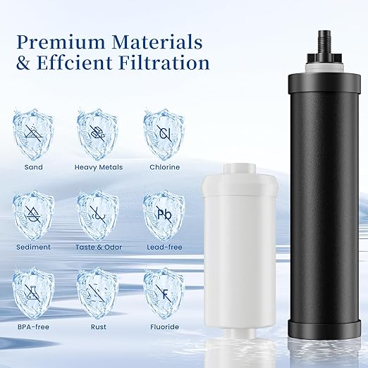 2.25G Gravity-Fed Water Filter System, NSF/ANSI Standard, 304 Stainless Steel System with 2 Carbon Filters, 2 Fluoride Filters and Stand, Reduce 99% Chlorine, Lead and Fluoride