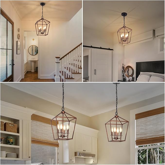 Chandelier for Dining Room, 4-Light Rustic Chandelier Fixtures, Vintage Ceiling Light with Adjustable Height, Antique Bronze Geometric Hanging Light for Bedroom, Foyer, Kitchen, Living Room, Entryway