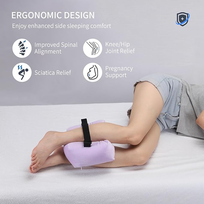 Knee Pillow for Side Sleepers - Leg Support Pillow for Sciatica Relief, Hip and Back Pain Alleviation, Spine Alignment with Adjustable Strap (Purple)