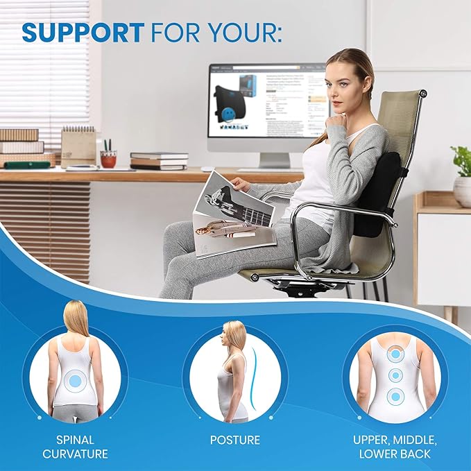 Everlasting Comfort Lumbar Support Pillow for Office Chair - Gel Infused Back Cushion for Chair, Car, Couch - Lumbar Pillow Promotes Better Posture, Back Pain Relief - Ideal for Gaming and Desk Chairs