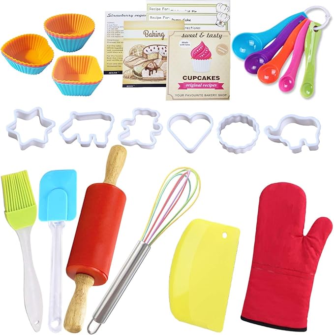 Real Baking Set Pastry Cooking Kit Supplies Includes Apron,Chef Hat,Oven Mitt,Rolling Pin,Real Baking Tools and Recipes Great Gift for Curious Beginners
