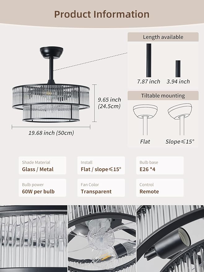 20" Black Crystal fandelier Ceiling Fan with Lights,Black Caged Chandelier Ceiling Fan with Light Remote Control,Enclosed Mid Century with 6 Speeds for Bedroom,Living Room,Nursery