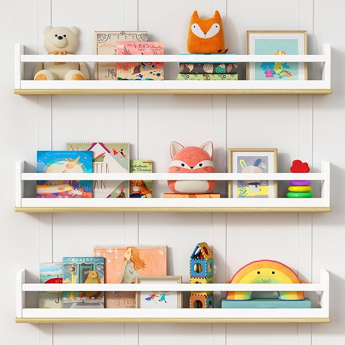 36 Inches Long Nursery Floating Shelves for Wall, Large Wall Book Shelves for Kids Room, White and Natural Haning Bookshelf for Toddlers Child Kids Bedroom Classroom Library (Set of 3)