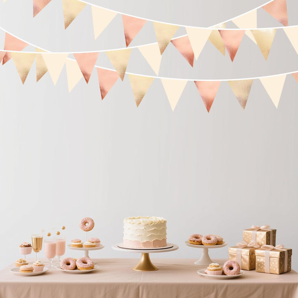 Rose Gold Champagne Gold Beige Party Decorations Metallic Fabric Triangle Flag Pennant Banner Garland Bunting for Engagement Bridal Shower Wedding Birthday Baby Shower Graduation Decoration Supplies