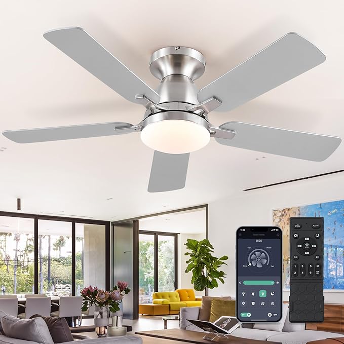 Ceiling Fans with Lights and Remote/APP Control,46" Flush Mount Ceiling Fan Dimmable DC Motor，Low Profile Ceiling Fan for Bedroom,Living Room,Brushed Nickel
