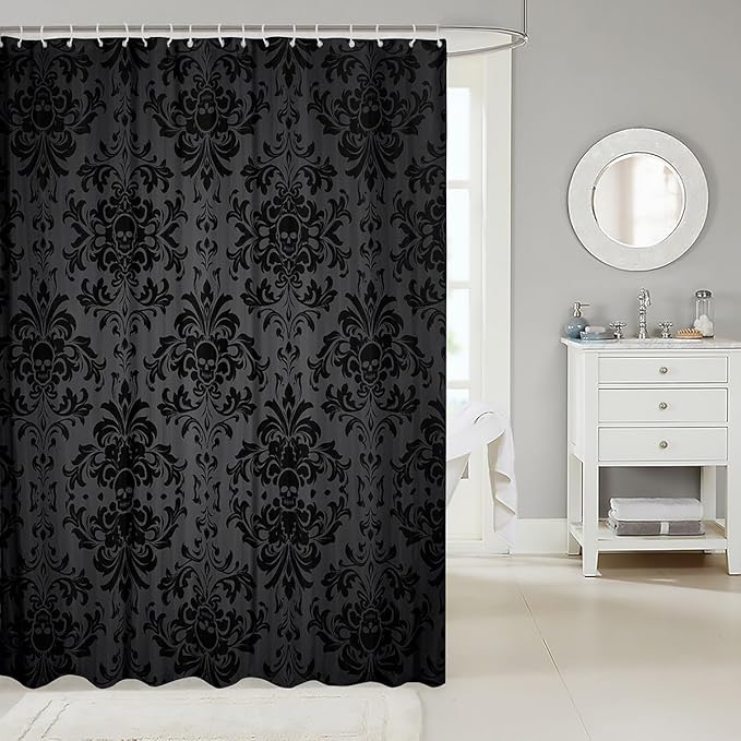 Feelyou Black Damask Shower Curtain 72"x84" Kids Vintage Floral Bathroom Shower Curtain Set for Boys Girls Teens Antique Victorian Baroque Bath Curtain Gothic Bone Skeleton Bathroom Accessories