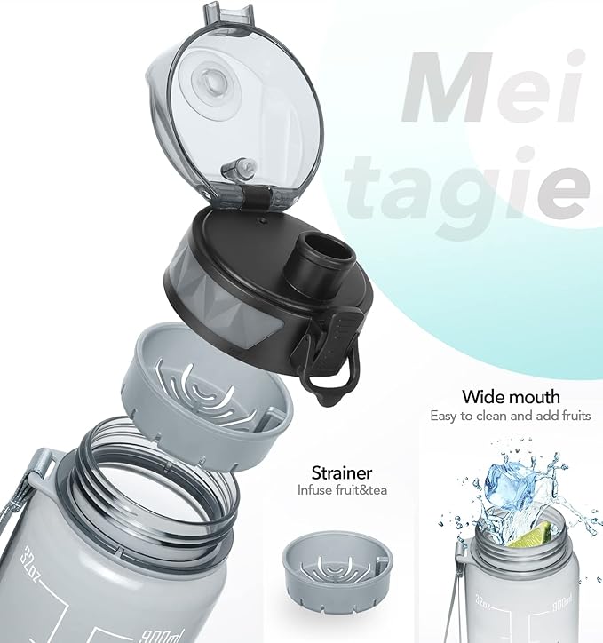 32oz/26oz Motivational Water Bottle with Time Marker & Fruit Strainer, Leak-proof BPA Free Non-Toxic 1l Bottle with Carrying Strap, Perfect for Fitness, Gym and Outdoor Sports, Plastic