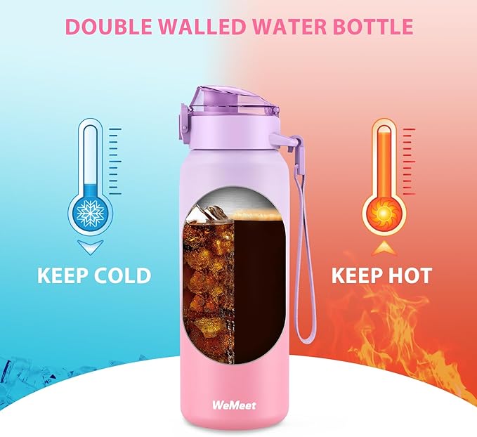 32oz Water Bottle with Removable Straw and Spout Lid Two Ways to Drink, 18/10 Stainless Steel Insulated Water Bottle, BPA-Free, Leak Proof, Double wall, for Sports, Gym