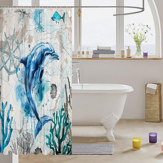 Feelyou Dolphin Fabric Shower Curtain Ocean Shower Curtain for Kids Boys Girls Sea World Bathroom Waterproof Accessories with 12 Hooks Underwater Sea Animal Curtains,72x72 Inches