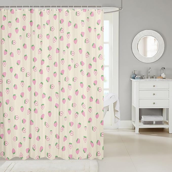 Feelyou Strawberry Fabric Shower Curtain Ivory White Shower Curtain for Kids Boys Girls Kawaii Fruit Bathroom Waterproof Accessories with 12 Hooks Cute Curtains,72x72 Inches