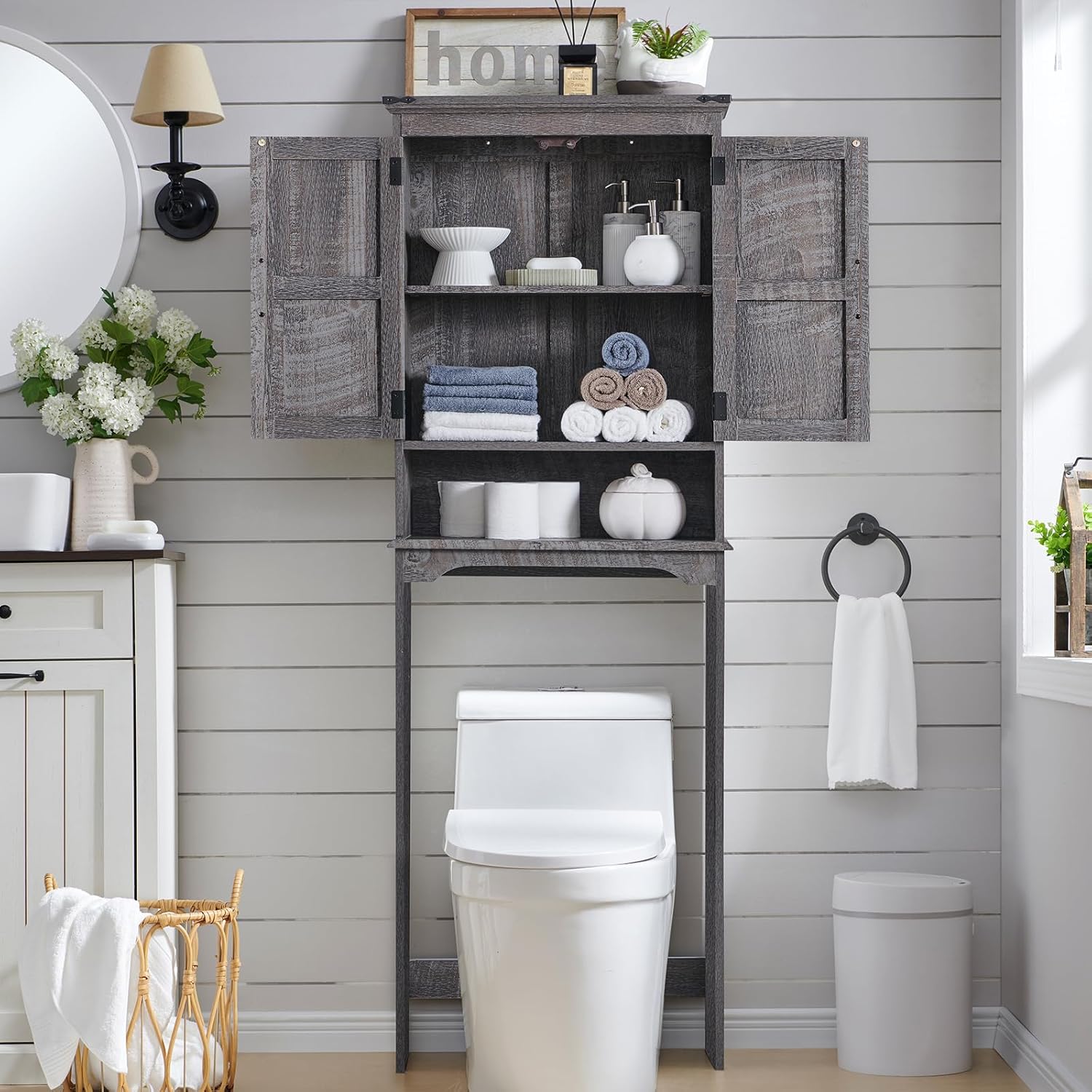 Over The Toilet Storage Cabinet, Farmhouse Bathroom Cabinet with Adjustable Shelf & Barn Door, 67" Tall Over The Toilet Shelf, Grey Wash