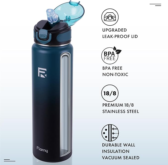 32 oz Insulated Water Bottle with Straw, Stainless Steel Metal Thermos Bottles, Durable Non-Slip Gradient Bottle with Strap for Sports and Travel, Leak Proof (Navy Blue Black)