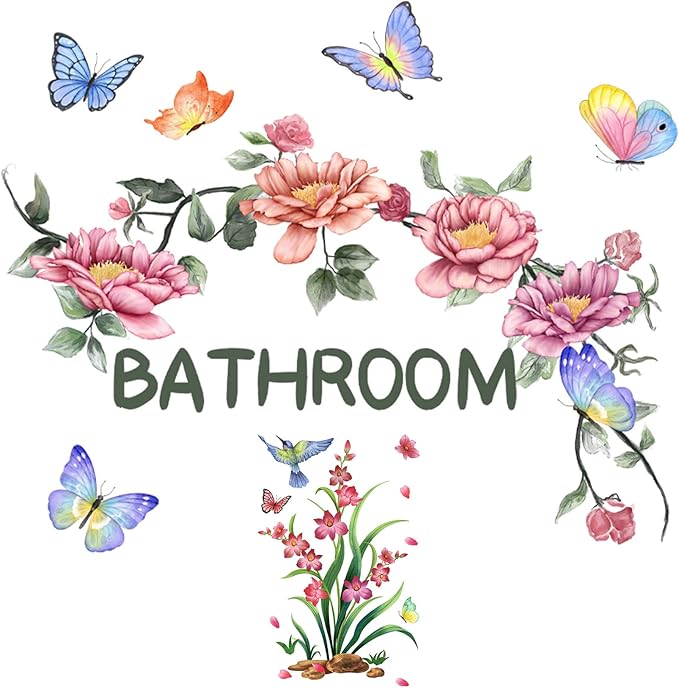 2 Sets Bathroom Decor Wall Stickers, Peony Roses Wall Stickers Floral Wall Decals, Watercolor Flowers Lily Daisy Butterfly Dragonfly Bird Wall Stickers for Bathroom Bedroom Living Room