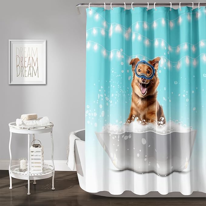 AILONEN 3D Bathtub Dog Shower Curtain for Kids 36" W*72" H Inch,Kawaii Diving Dog Sitting in a Bathtub Shower Curtain,12 Pack Hooks Polyester Waterproof Fabric Decor for Bathroom Bathtub Panels