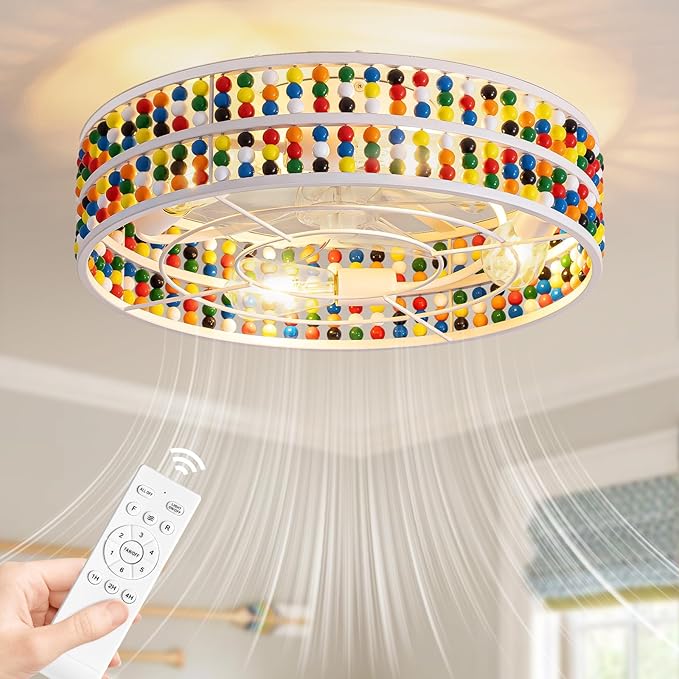 Moooni Colorful Wood Beaded Ceiling Fan with Light 19 inch Boho Wood Beaded Fandelier 6 Speed Flush Mount Ceiling Fan with Light Boho Fandelier