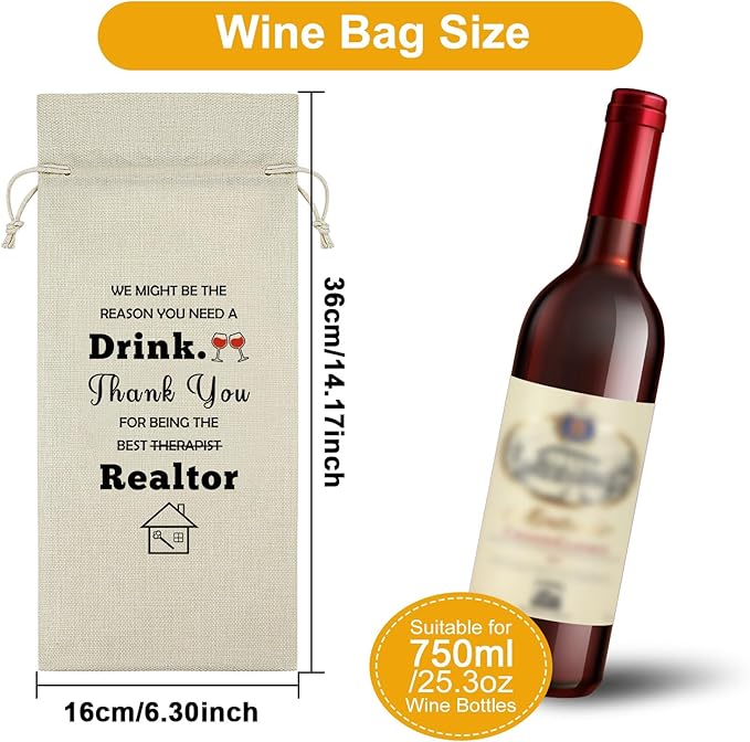 2PCS Realtor Gifts for Women Agent Wine Bag Thank You Gifts for Clients Real Estate Therapist Gifts for Men Wine Bottle Storage Bag Housewarming Gifts for Her Wine Accessories Gifts for Wine Lovers