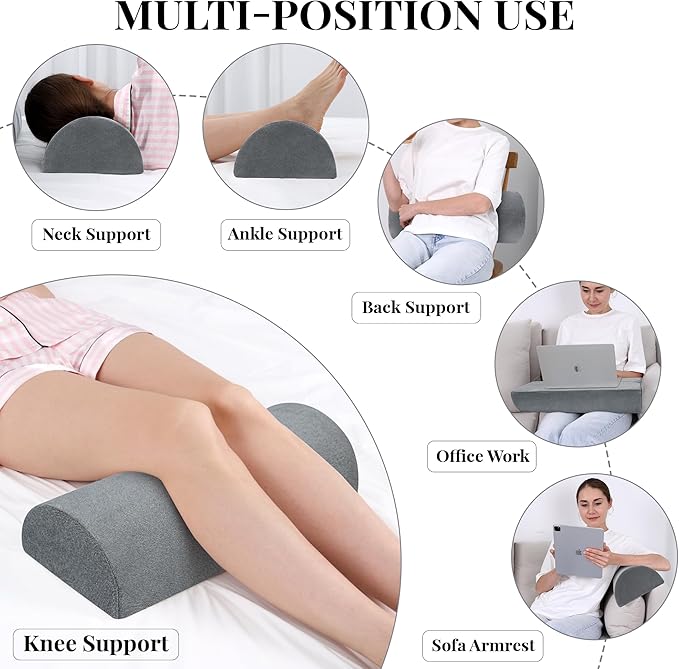 Large Knee Pillow for Side Sleepers Memory Foam Leg Pillows for Sleeping Yoga Bed Half Moon Bolster Pillow for Neck Pain Relief with Pillowcase 23.6"x8.7"x5"(Fleece Grey, Extended Size)