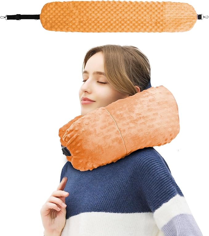 Stuffable Travel Pillow for Extra Luggage, Travel Neck Pillow Stuffable with Clothes, Stuffable Neck Pillow for Travel, Velvet Travel Neck Pillow Storage Bag, Fillable Luggage Pillow (Orange)
