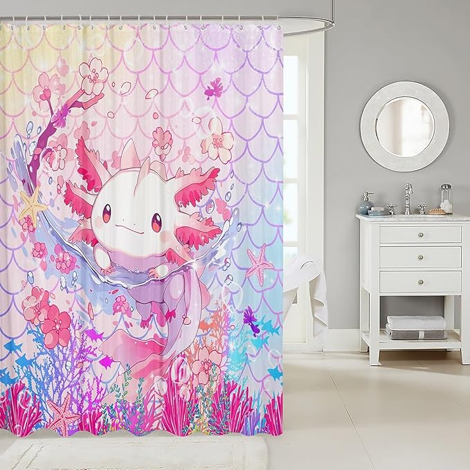 Feelyou Boys Girls Cute Axolotl Bathroom Shower Curtain Set Ocean Sealife Bath Curtain Kawaii Shower Curtain Kids Cartoon Salamander Teens Bathroom Accessories Room Decor 72"x78"