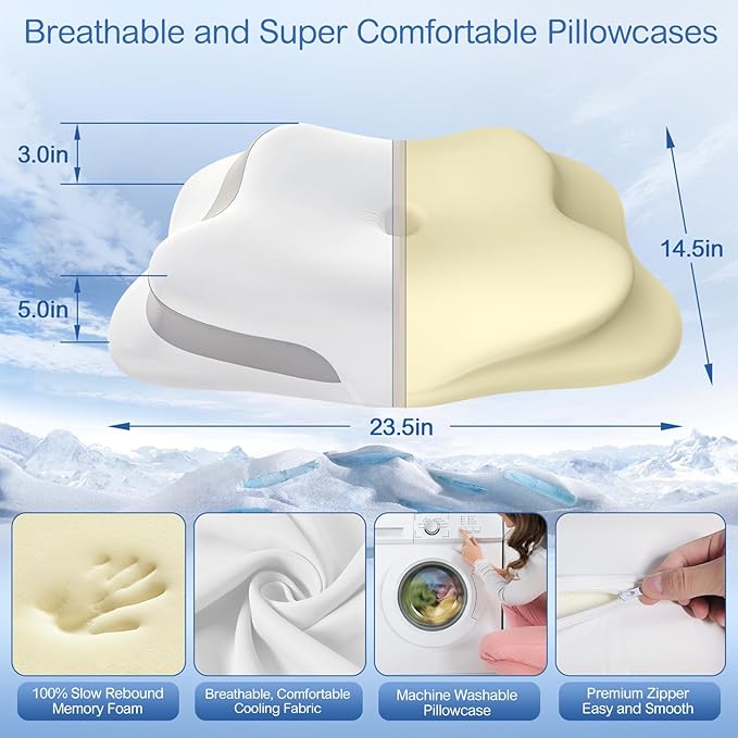 Cervical Neck Pillow, Pillow for Neck Pain Relief, Cooling Contour Memory Foam Pillows, Odorless Ergonomic Neck Pillow Adjustable Orthopedic Bed Pillow for Side Back Stomach Sleepers with Pillowcase