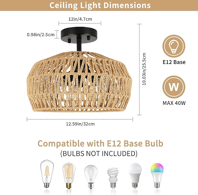Rattan Light Fixtures Ceiling Mount, 3-Lights Boho Semi Flush Mount Ceiling Light, Farmhouse Woven Ceiling Lighting, Rustic Wicker Chandelier for Hallway Bedroom Kitchen Entryway