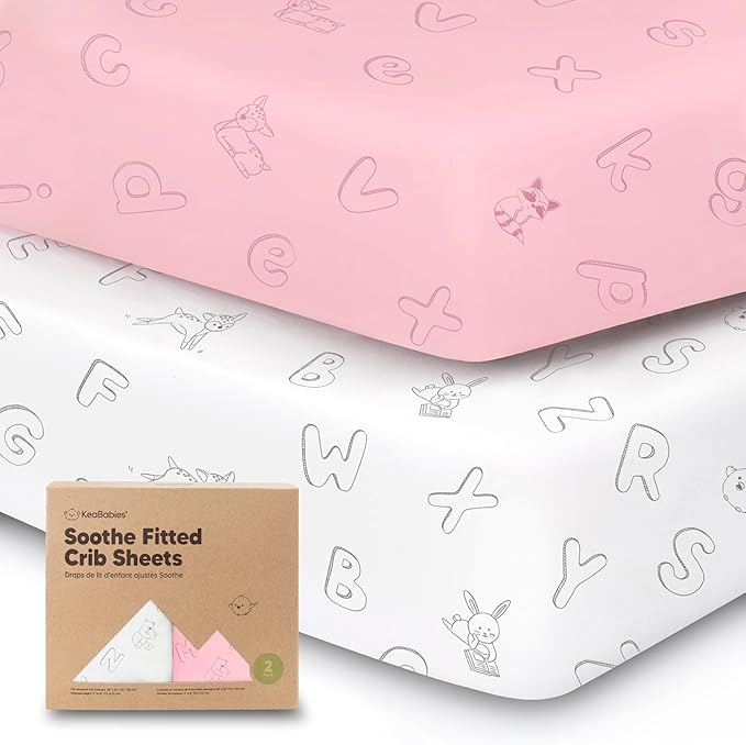 2-Pack Organic Crib Sheets for Boys, Girls - Jersey Fitted Crib Sheet, Baby Crib Sheets Neutral, Crib Mattress Sheet, Cotton Crib Sheets, Breathable Crib Sheet, Baby Mattress Sheets (ABC Land Rose)