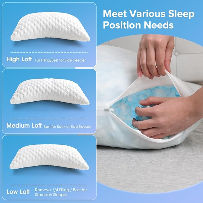 Cooling Side Sleeper Pillow for Neck and Shoulder Pain, Adjustable Shredded Memory Foam Bed Pillows for Sleeping, Ergonomic Curved Pillow with Extra Foam, Queen Size, Hypoallergenic Washable Cover